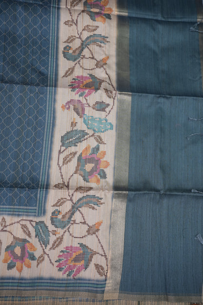 Semi Tussar Saree with Floral Printed Pallu & Striped Blouse – Steel Blue