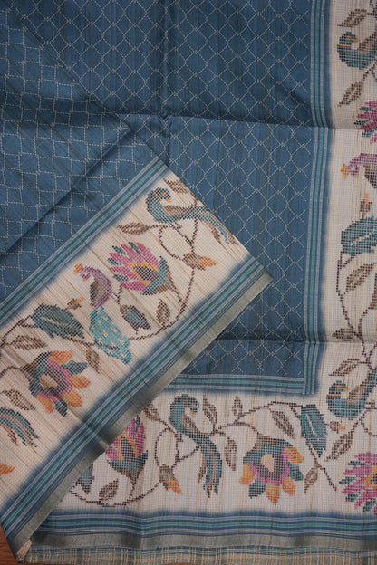 Semi Tussar Saree with Floral Printed Pallu & Striped Blouse – Steel Blue