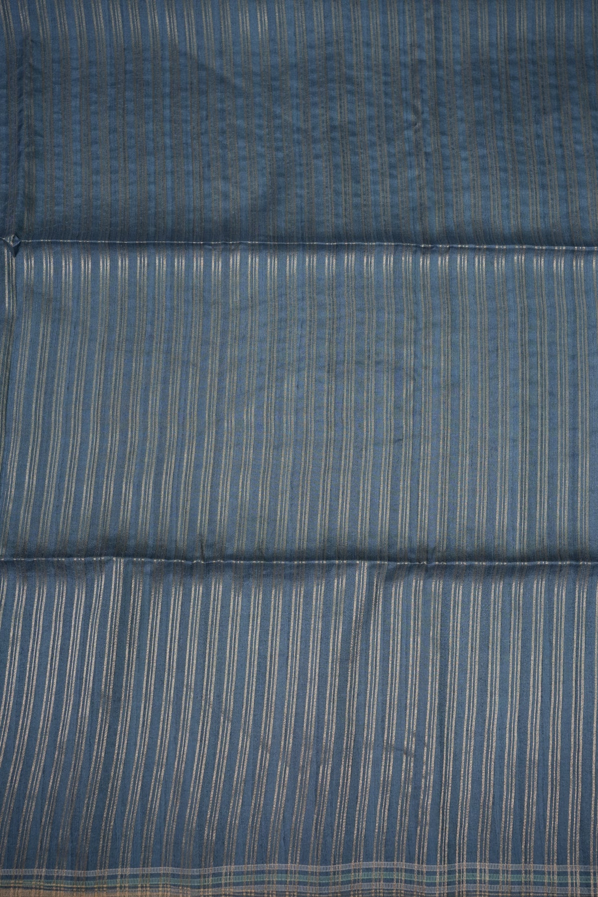 Semi Tussar Saree with Floral Printed Pallu & Striped Blouse – Steel Blue