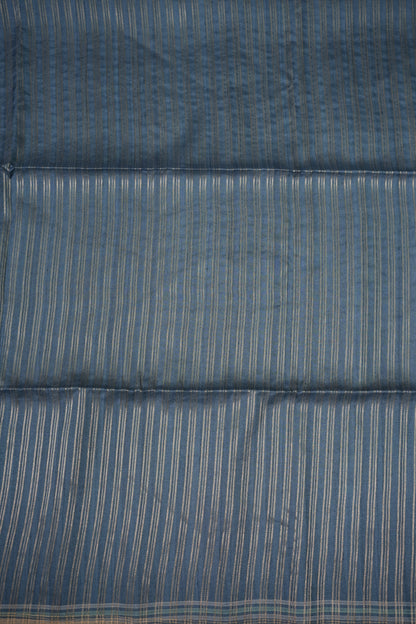 Semi Tussar Saree with Floral Printed Pallu & Striped Blouse – Steel Blue