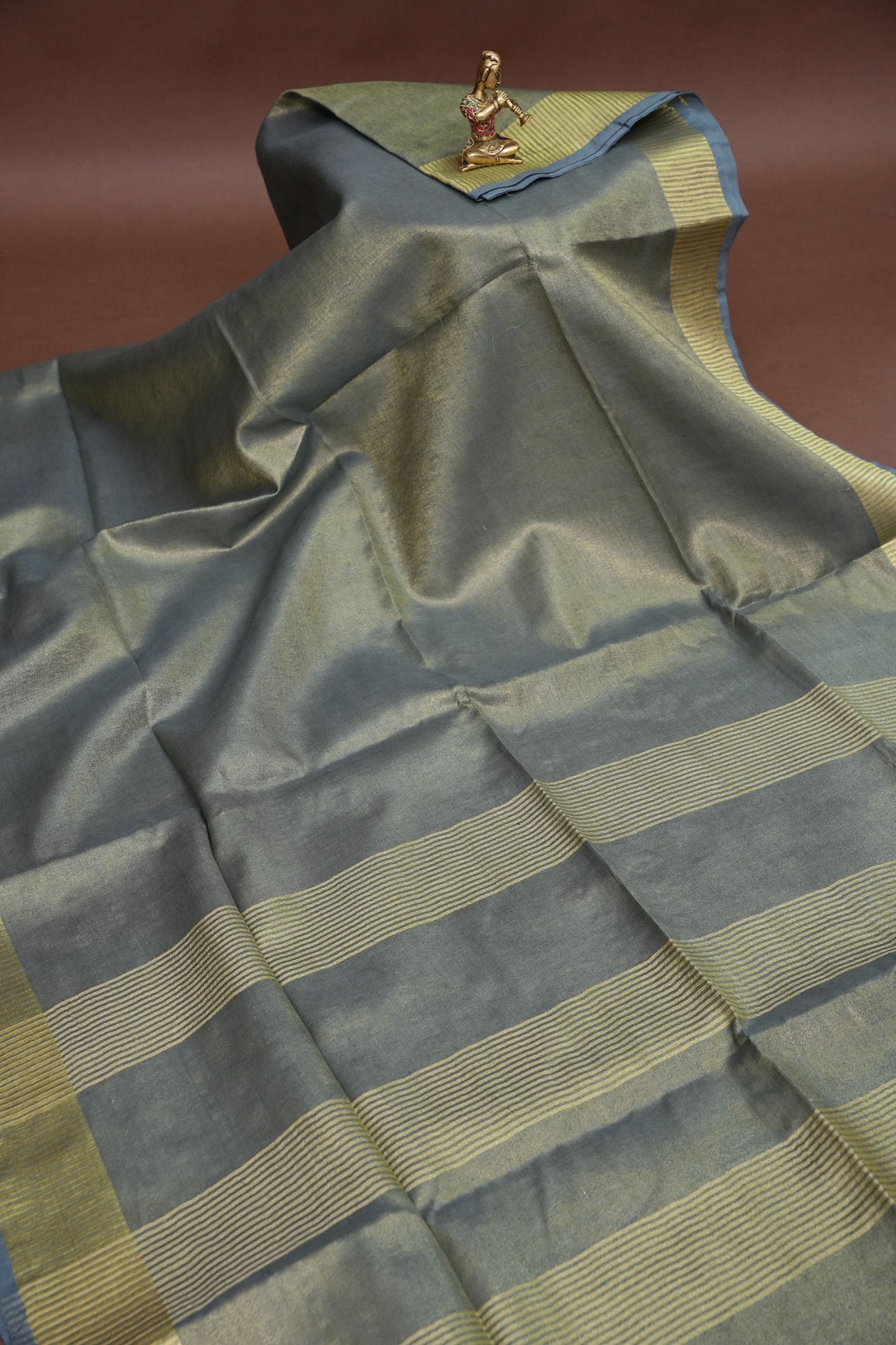 Tissue Linen Silk Saree – Steel Grey with Classic Gold Zari Border