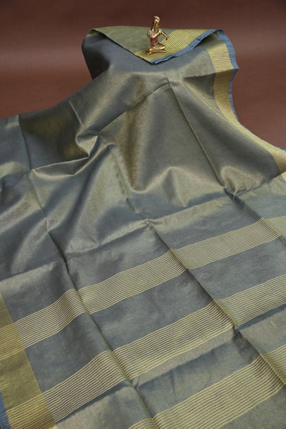 Tissue Linen Silk Saree – Steel Grey with Classic Gold Zari Border