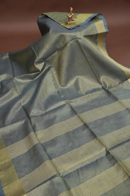 Tissue Linen Silk Saree – Steel Grey with Classic Gold Zari Border