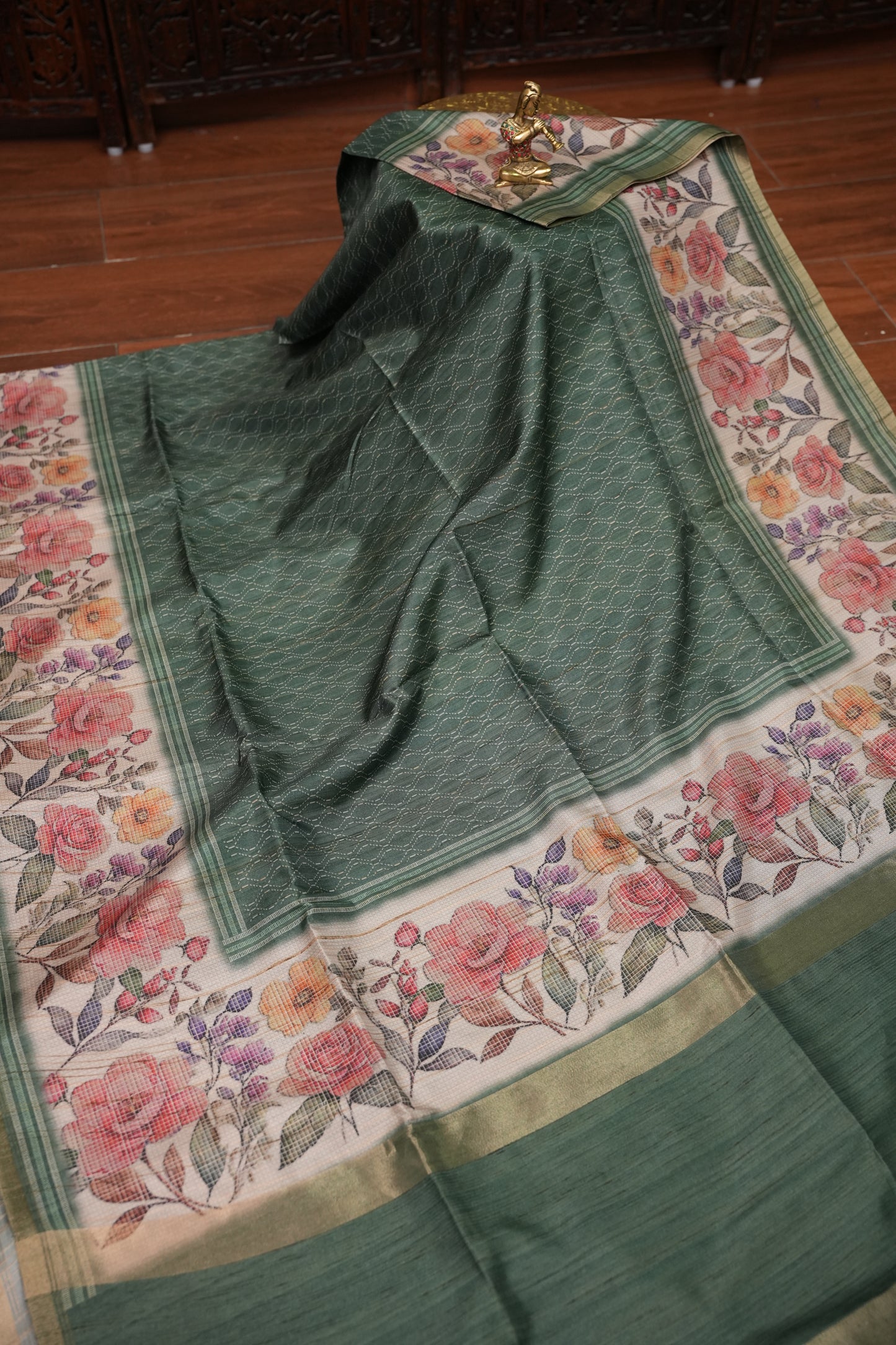Semi Tussar Saree with Floral Printed Pallu & Striped Blouse – Sage Green