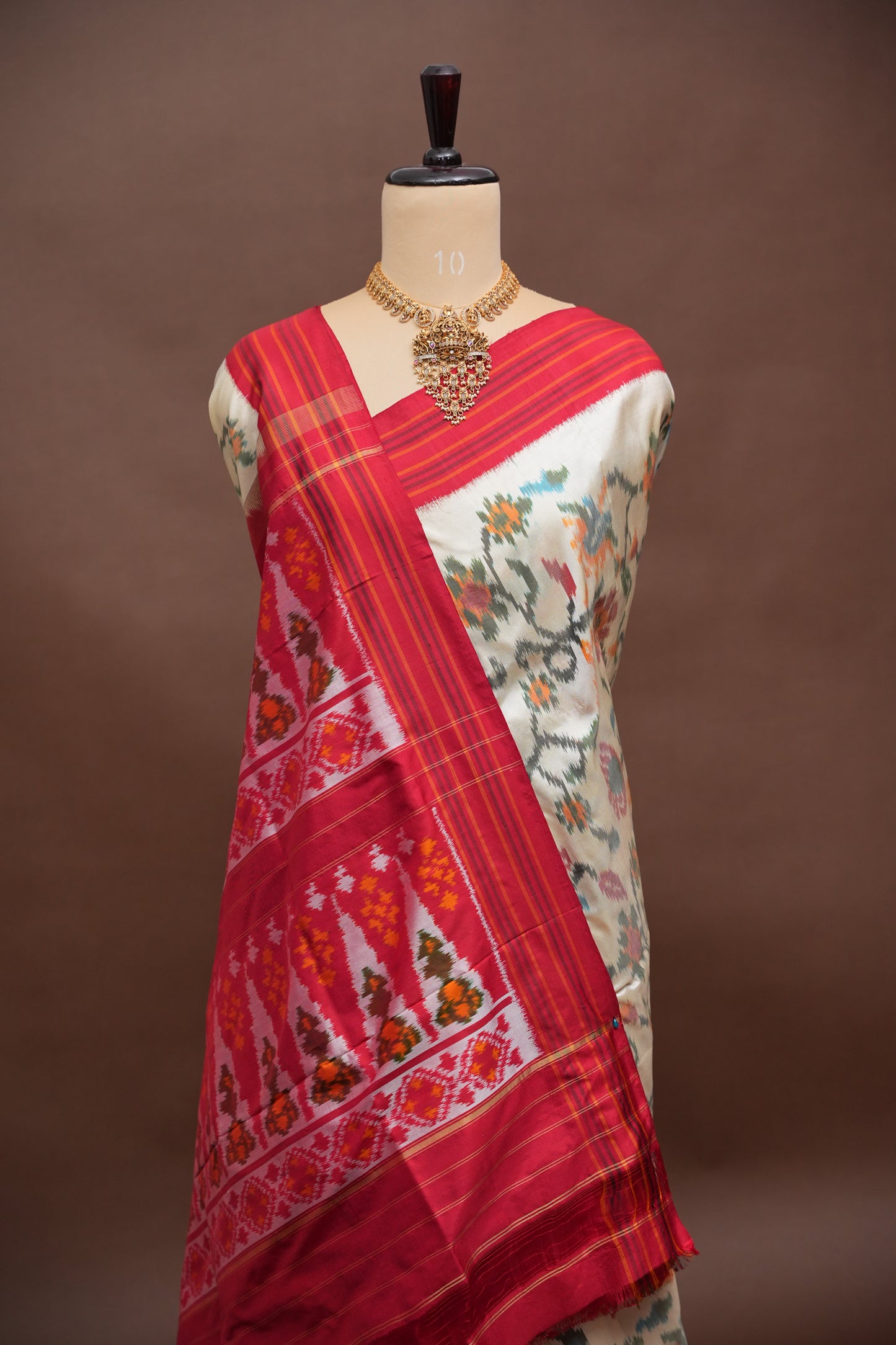 Pure Ikkat Soft Silk Saree - Off White & Red
