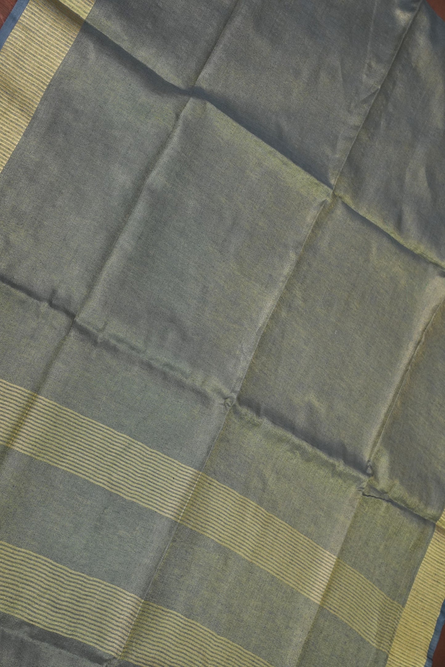 Tissue Linen Silk Saree – Steel Grey with Classic Gold Zari Border