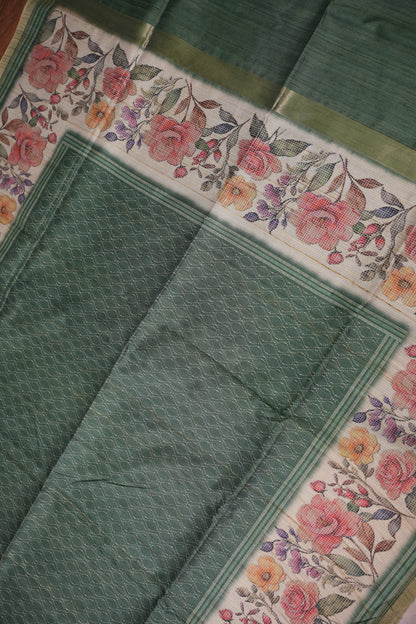 Semi Tussar Saree with Floral Printed Pallu & Striped Blouse – Sage Green