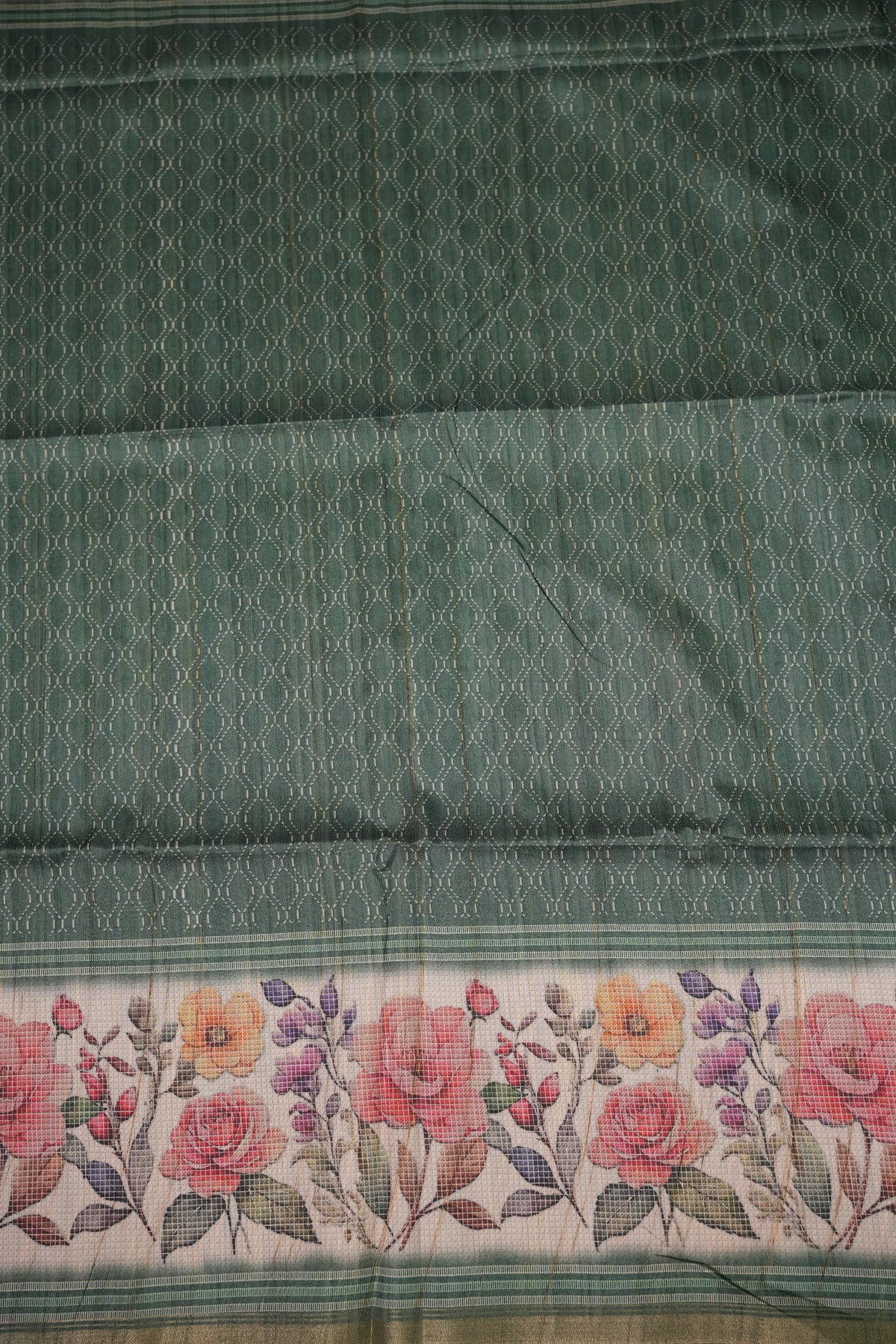 Semi Tussar Saree with Floral Printed Pallu & Striped Blouse – Sage Green