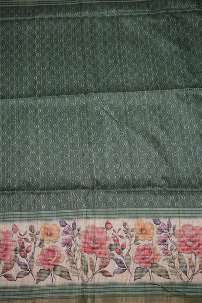 Semi Tussar Saree with Floral Printed Pallu & Striped Blouse – Sage Green