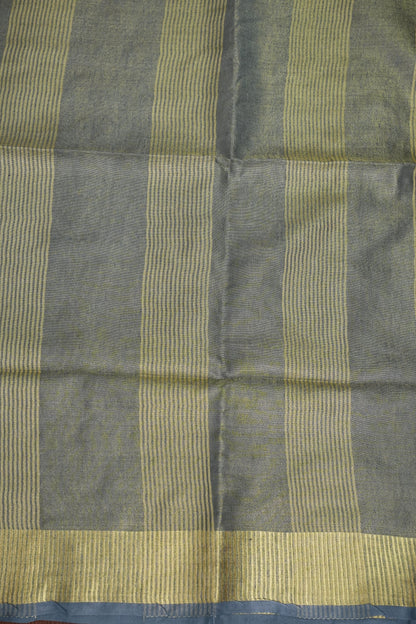 Tissue Linen Silk Saree – Steel Grey with Classic Gold Zari Border