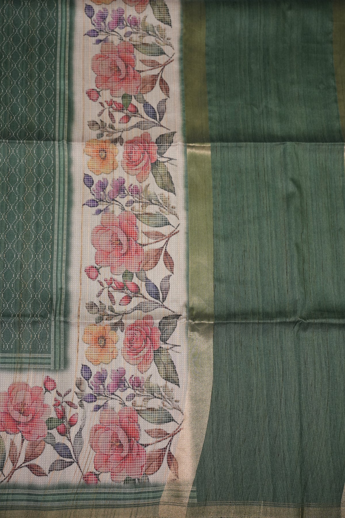 Semi Tussar Saree with Floral Printed Pallu & Striped Blouse – Sage Green
