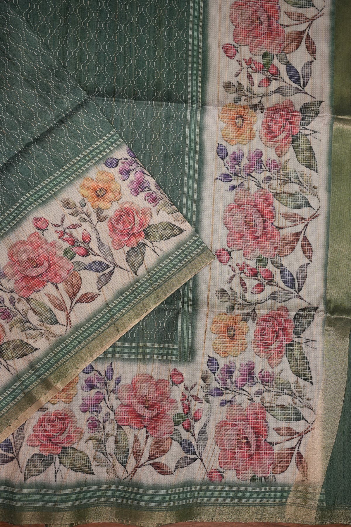 Semi Tussar Saree with Floral Printed Pallu & Striped Blouse – Sage Green