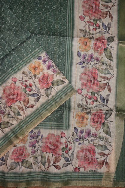 Semi Tussar Saree with Floral Printed Pallu & Striped Blouse – Sage Green
