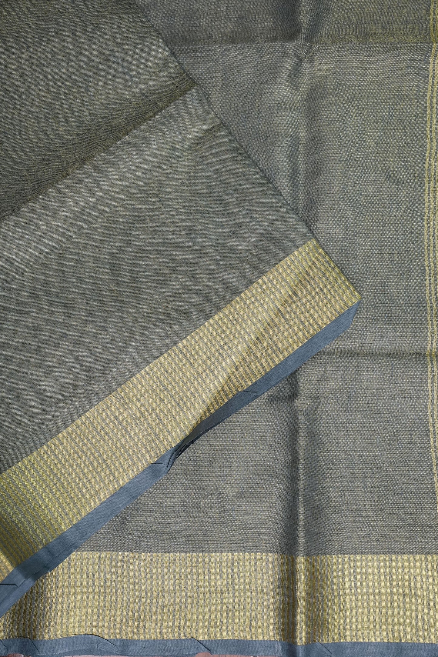 Tissue Linen Silk Saree – Steel Grey with Classic Gold Zari Border