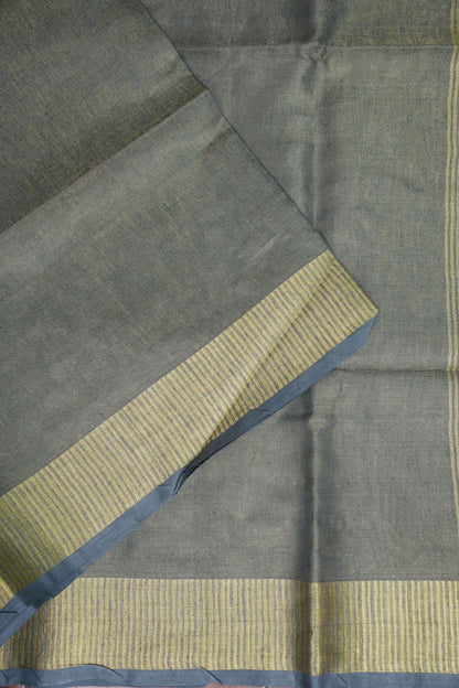 Tissue Linen Silk Saree – Steel Grey with Classic Gold Zari Border