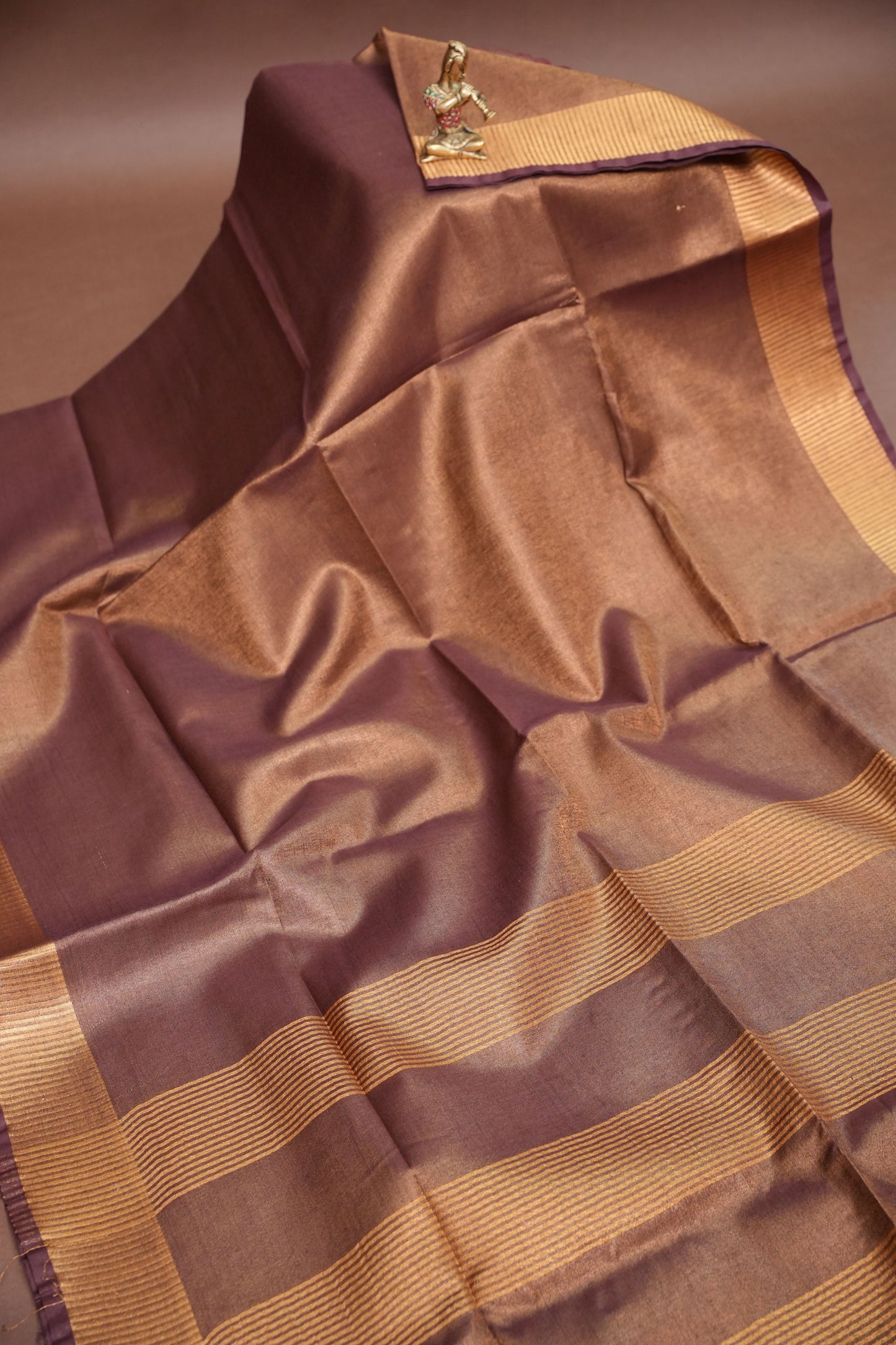 Tissue Linen Silk Saree – Deep Coffee Brown/Wine with Antique Gold Zari Border