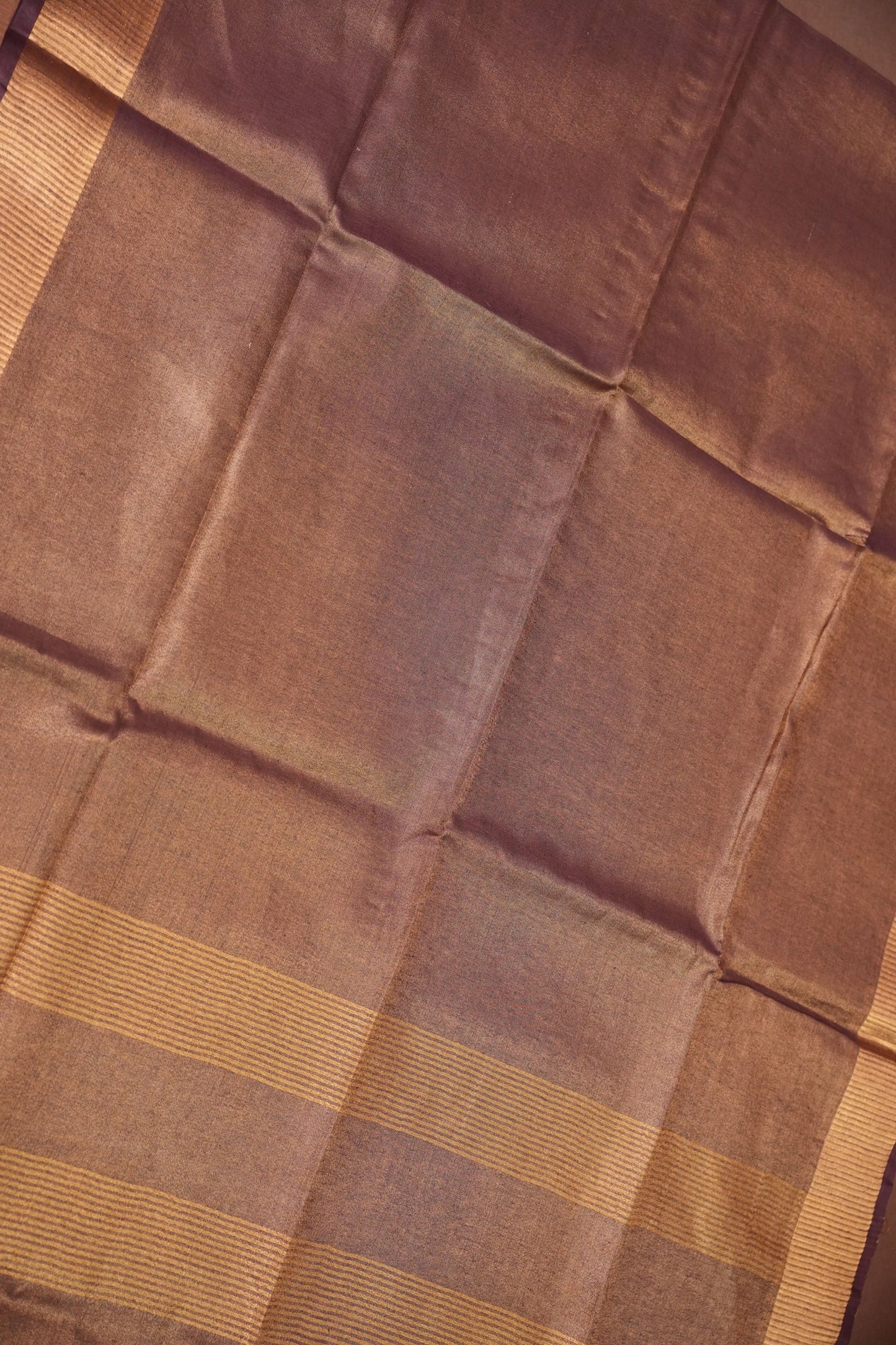 Tissue Linen Silk Saree – Deep Coffee Brown/Wine with Antique Gold Zari Border