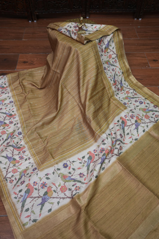 Semi Tussar Raw Saree with Bird & Floral Printed Pallu & Striped Blouse – Antique Gold