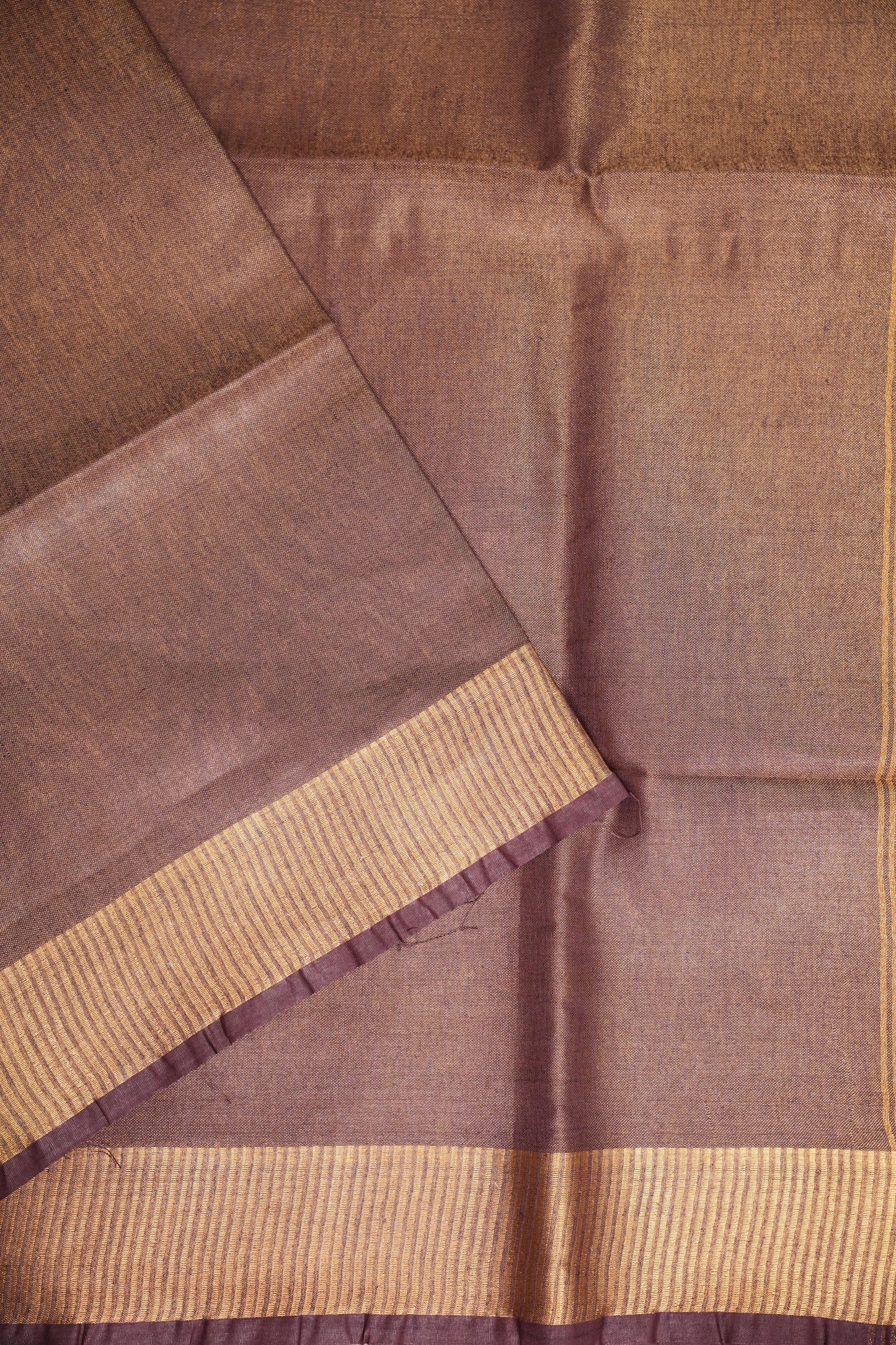 Tissue Linen Silk Saree – Deep Coffee Brown/Wine with Antique Gold Zari Border