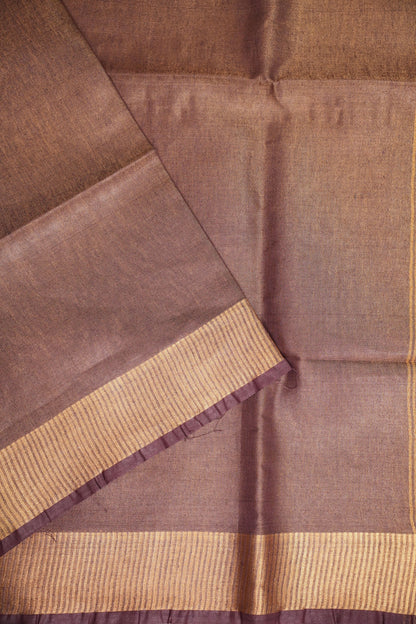 Tissue Linen Silk Saree – Deep Coffee Brown/Wine with Antique Gold Zari Border