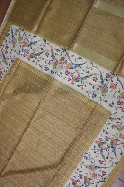 Semi Tussar Raw Saree with Bird & Floral Printed Pallu & Striped Blouse – Antique Gold