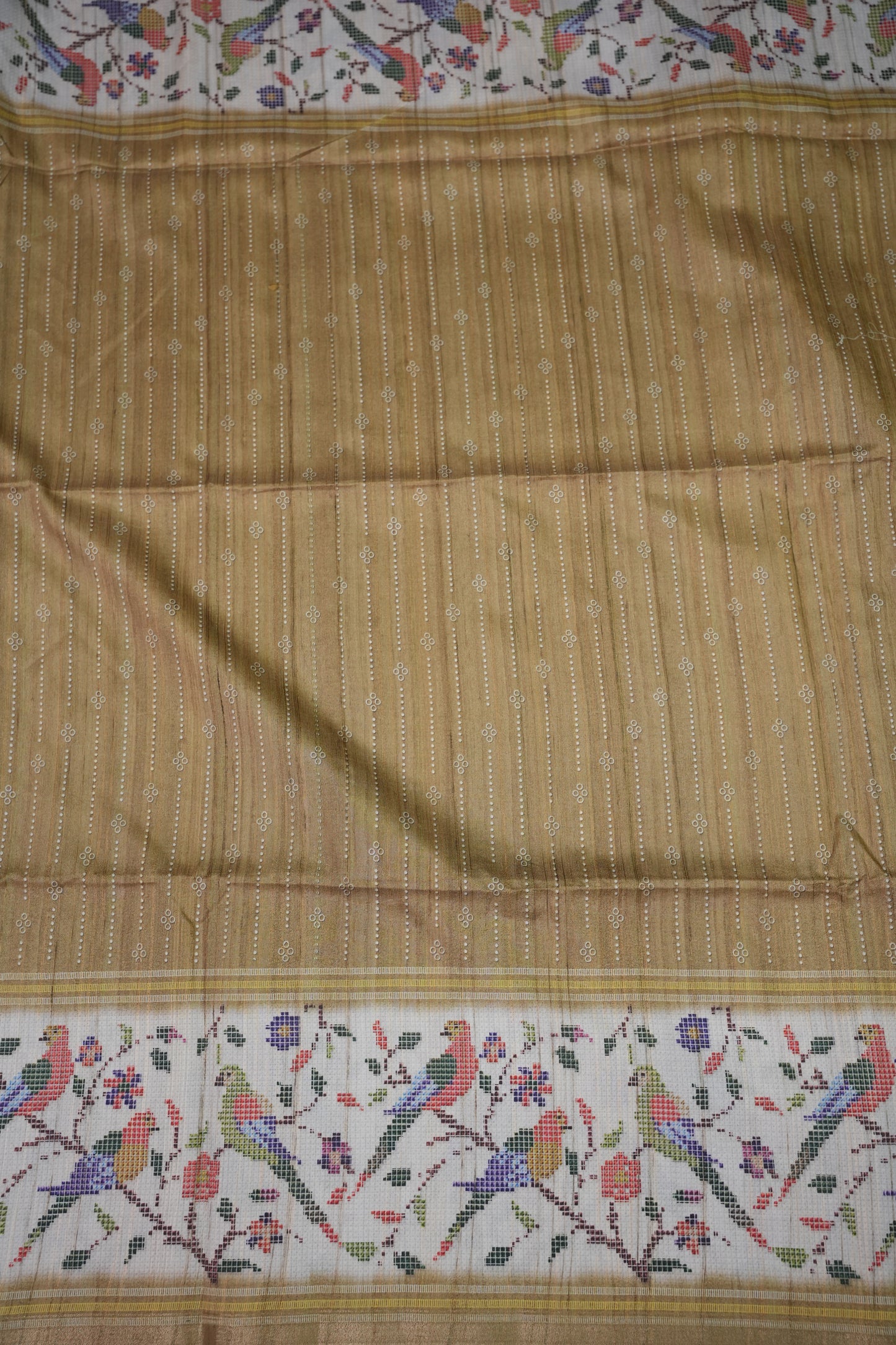 Semi Tussar Raw Saree with Bird & Floral Printed Pallu & Striped Blouse – Antique Gold