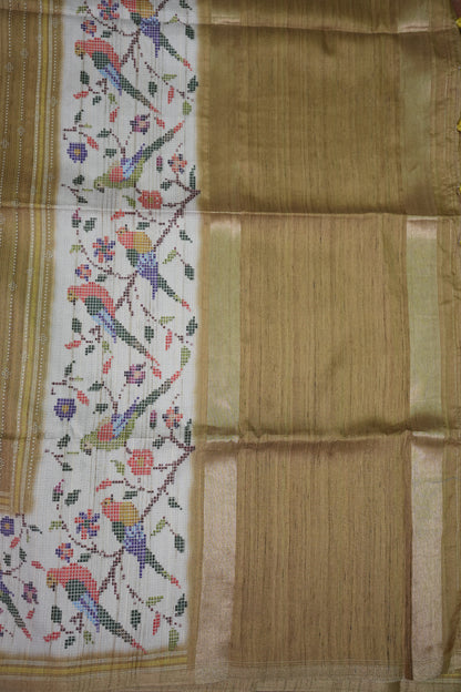 Semi Tussar Raw Saree with Bird & Floral Printed Pallu & Striped Blouse – Antique Gold