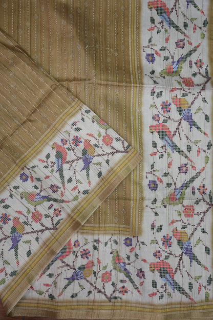 Semi Tussar Raw Saree with Bird & Floral Printed Pallu & Striped Blouse – Antique Gold