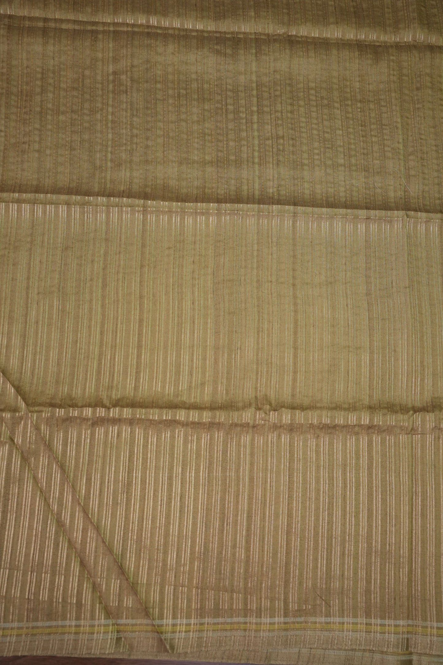 Semi Tussar Raw Saree with Bird & Floral Printed Pallu & Striped Blouse – Antique Gold
