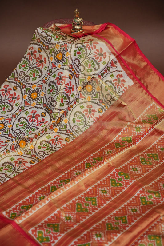 Pure Ikkat Soft Silk Saree - Ivory & Red