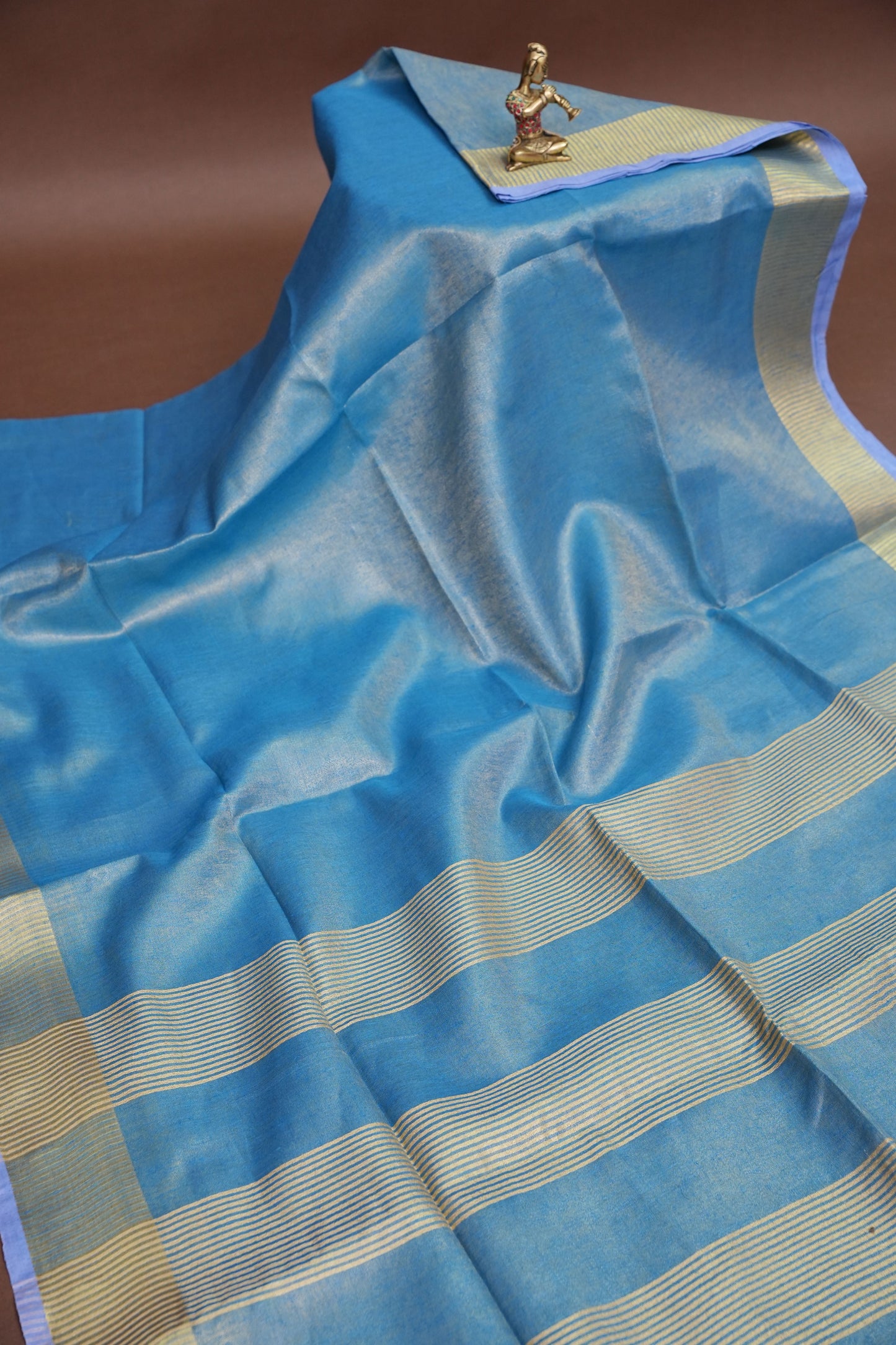 Tissue Linen Silk Saree – Powder Blue with Subtle Gold Zari Border