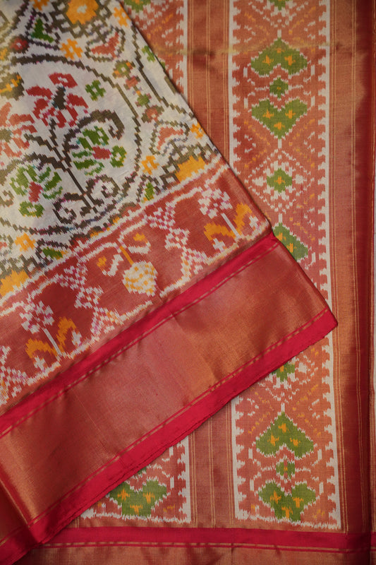 Pure Ikkat Soft Silk Saree - Ivory & Red