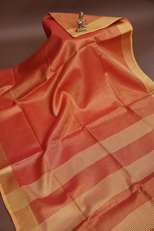 Tissue Linen Silk Saree – Coral Peach with Classic Gold Zari Border