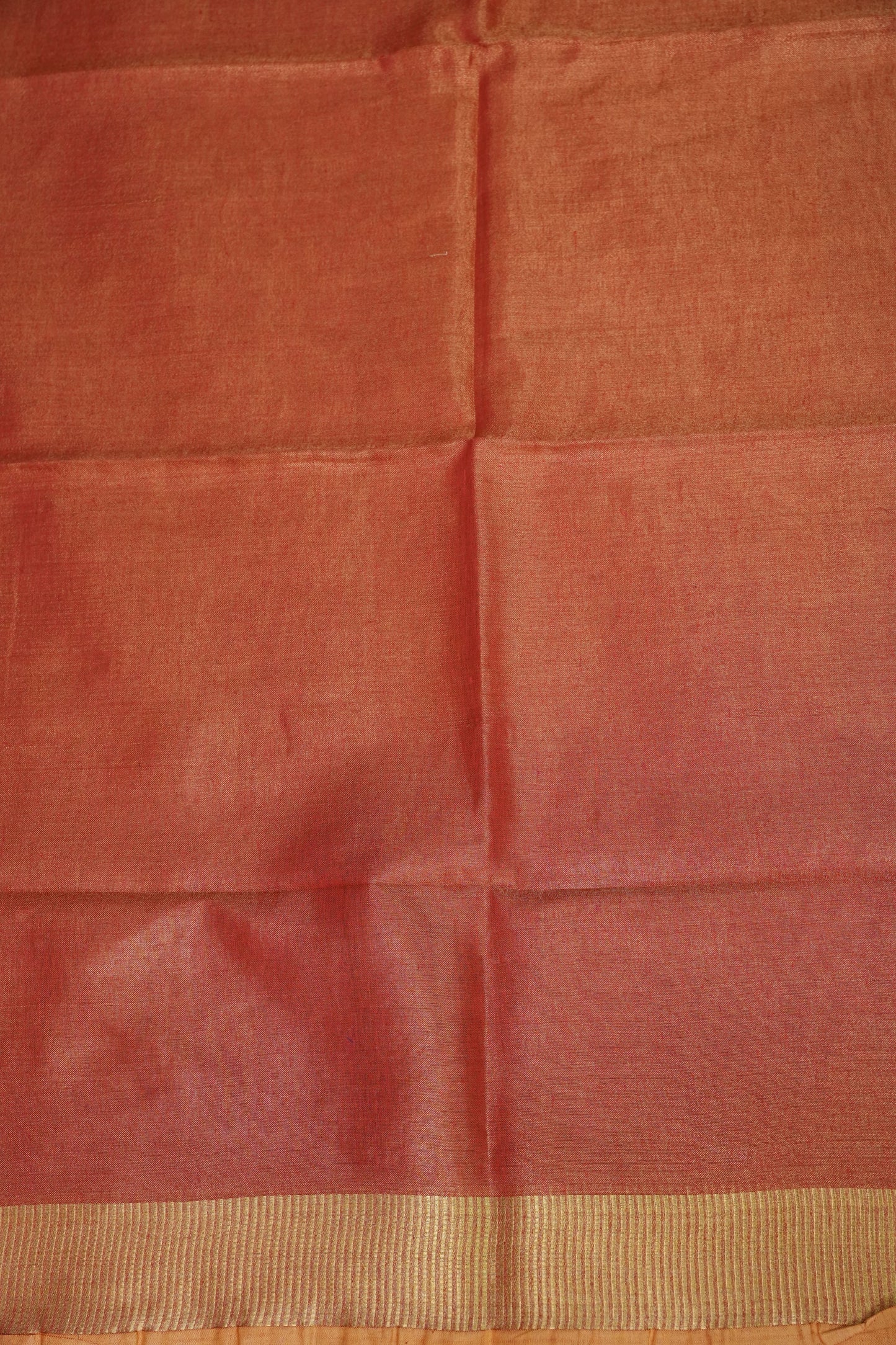 Tissue Linen Silk Saree – Coral Peach with Classic Gold Zari Border