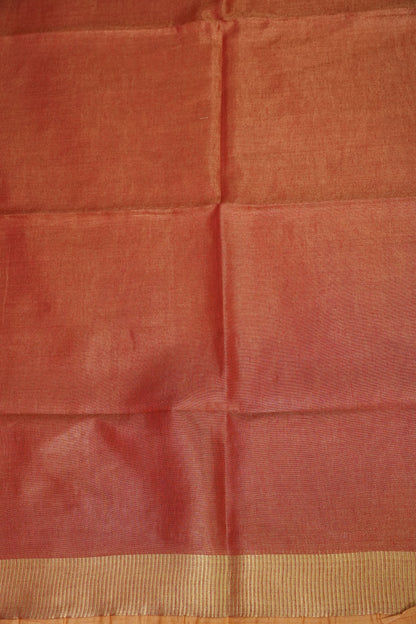 Tissue Linen Silk Saree – Coral Peach with Classic Gold Zari Border
