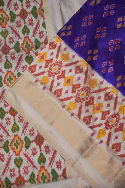 Pure Ikkat Soft Silk Saree - Purple & Ivory