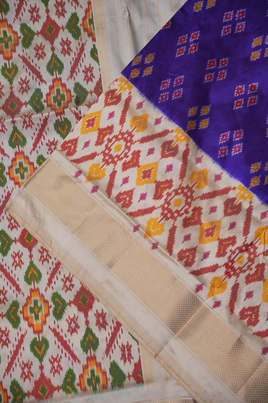 Pure Ikkat Soft Silk Saree - Purple & Ivory
