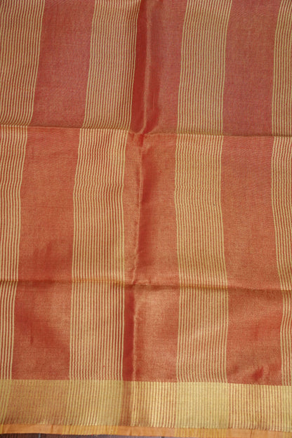 Tissue Linen Silk Saree – Coral Peach with Classic Gold Zari Border