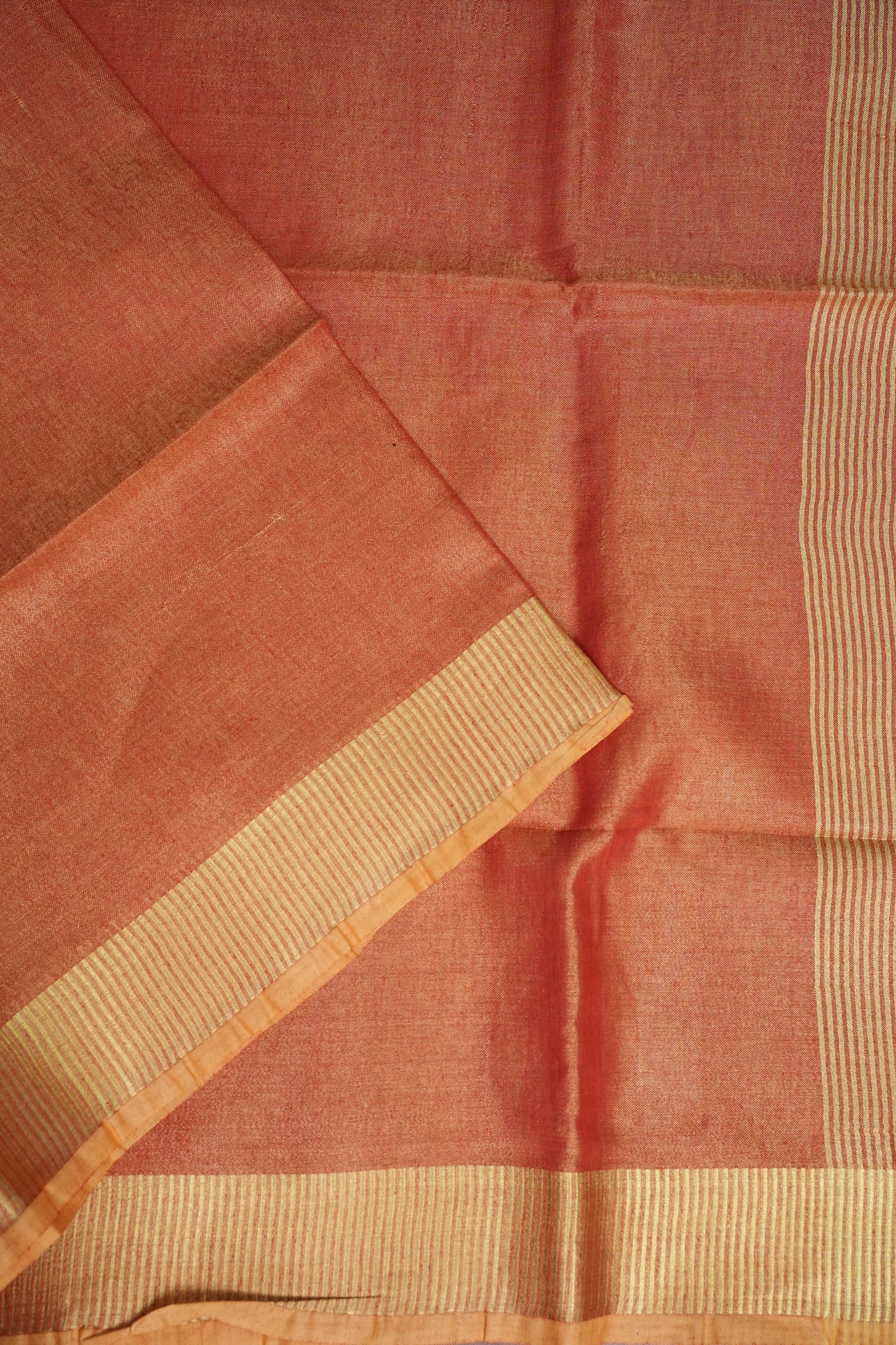 Tissue Linen Silk Saree – Coral Peach with Classic Gold Zari Border