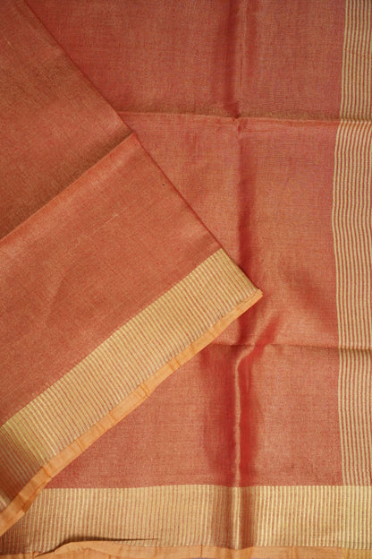 Tissue Linen Silk Saree – Coral Peach with Classic Gold Zari Border
