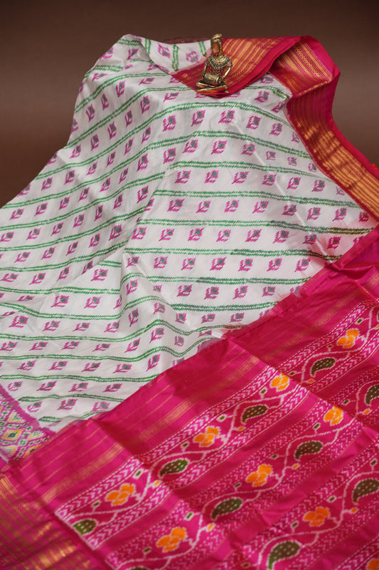 Pure Ikkat Soft Silk Saree - Pink & White
