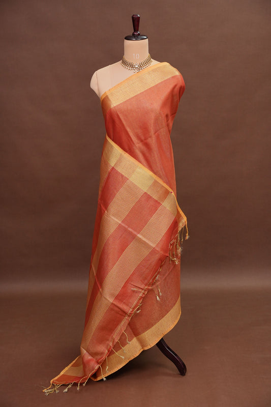 Tissue Linen Silk Saree – Coral Peach with Classic Gold Zari Border
