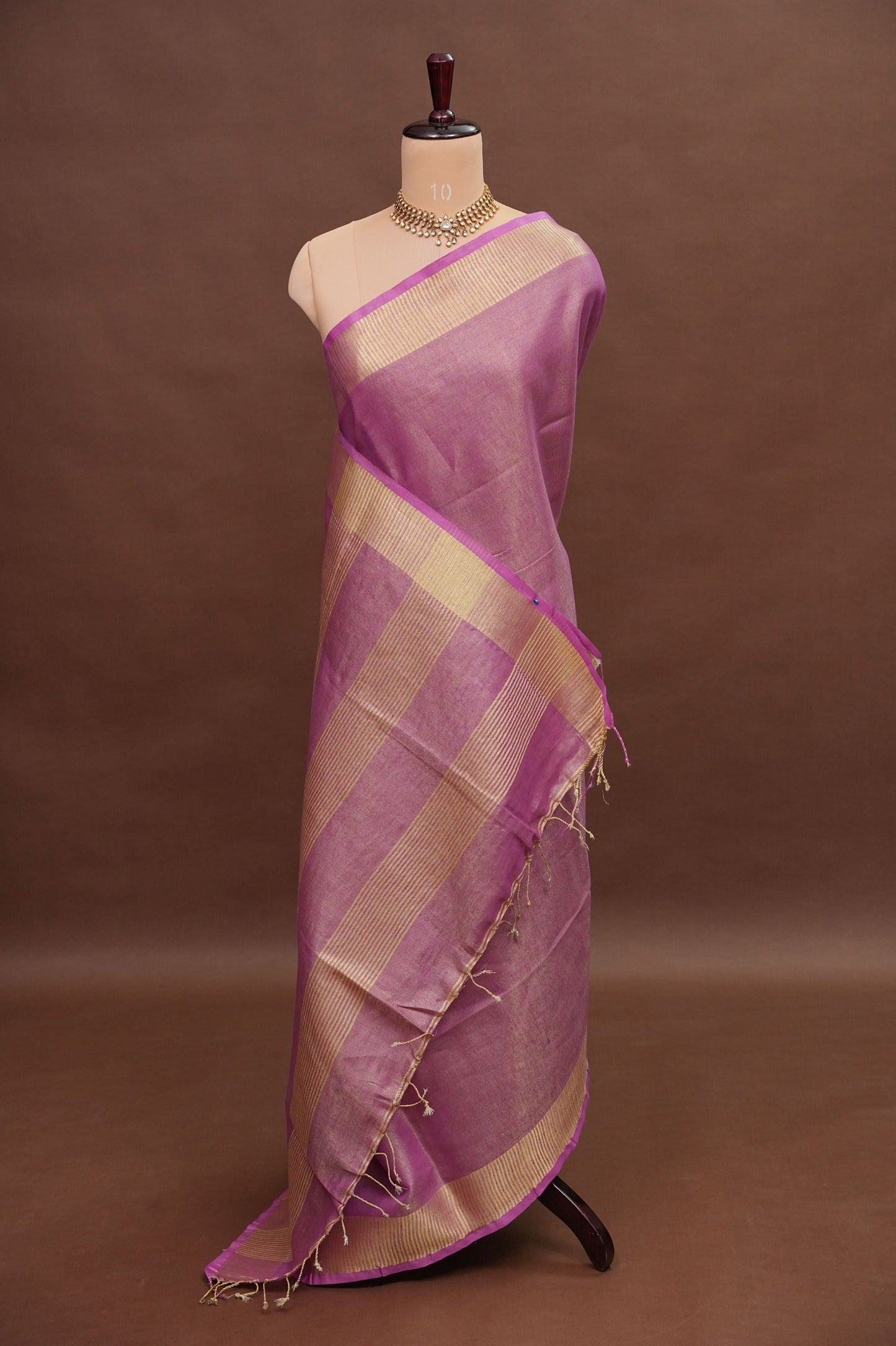 Tissue Linen Silk Saree – Soft Mauve Pink with Classic Gold Zari Border