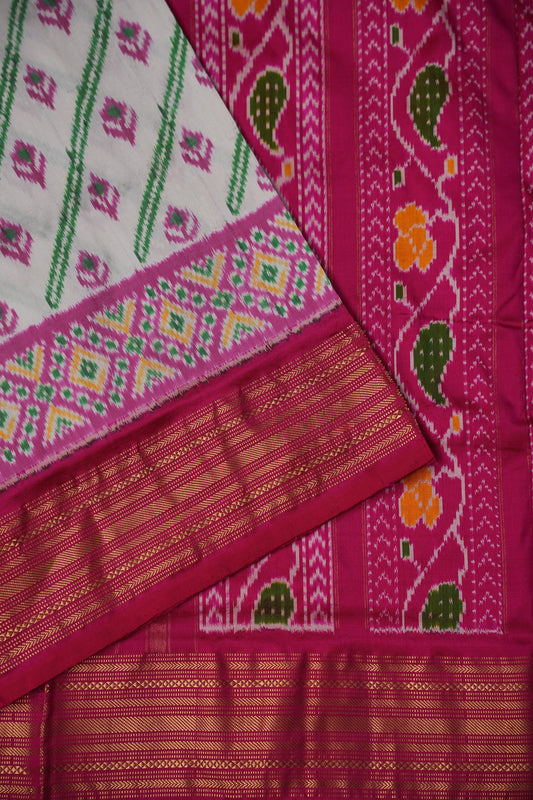 Pure Ikkat Soft Silk Saree - Pink & White
