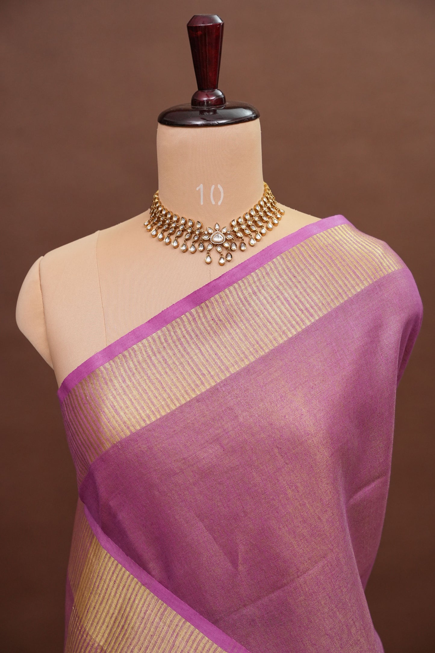 Tissue Linen Silk Saree – Soft Mauve Pink with Classic Gold Zari Border
