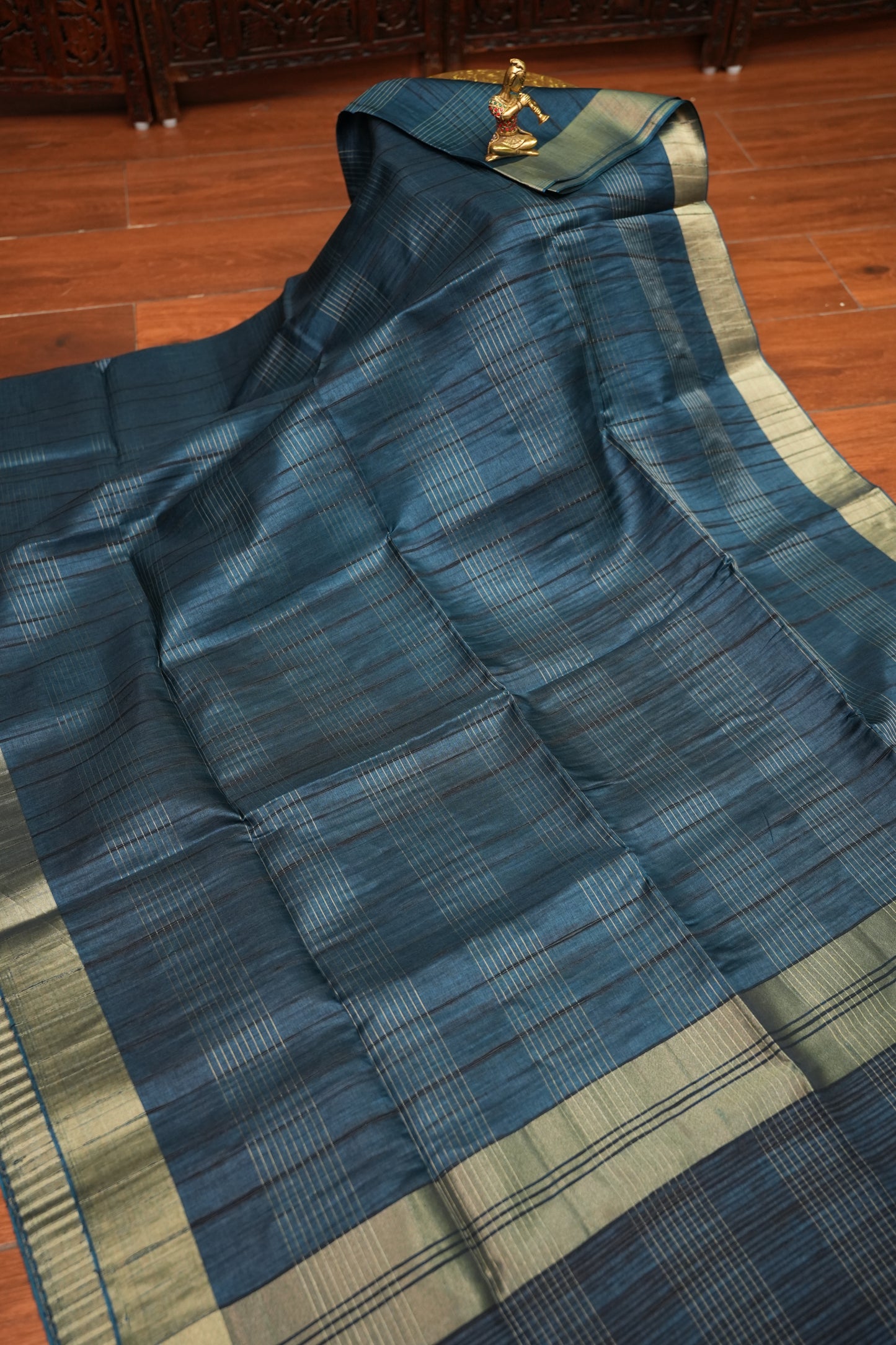 Semi Tussar Linen Silk Saree – Dark Peacock Blue