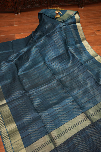 Semi Tussar Linen Silk Saree – Dark Peacock Blue