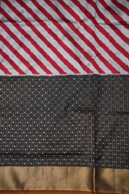 Pure Ikkat Soft Silk Saree - Silver Grey, Red & Black
