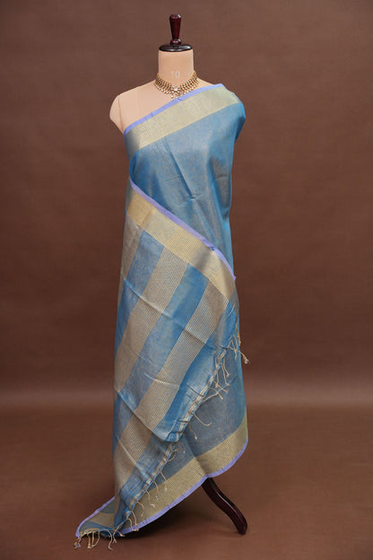 Tissue Linen Silk Saree – Powder Blue with Subtle Gold Zari Border