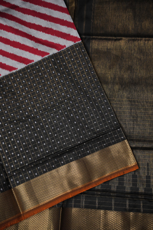 Pure Ikkat Soft Silk Saree - Silver Grey, Red & Black
